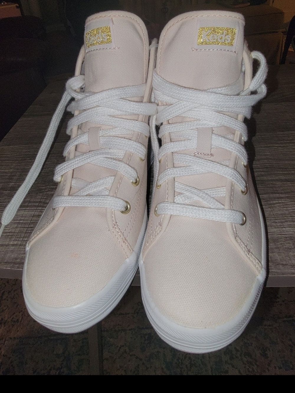 Keds Women's Pale Pink High-Top Canvas Sneakers with Gold Accents